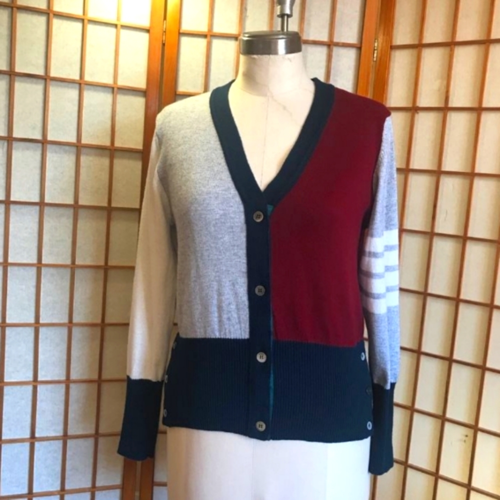 Sz MED THOM BROWNE navy color block cashmere sweater